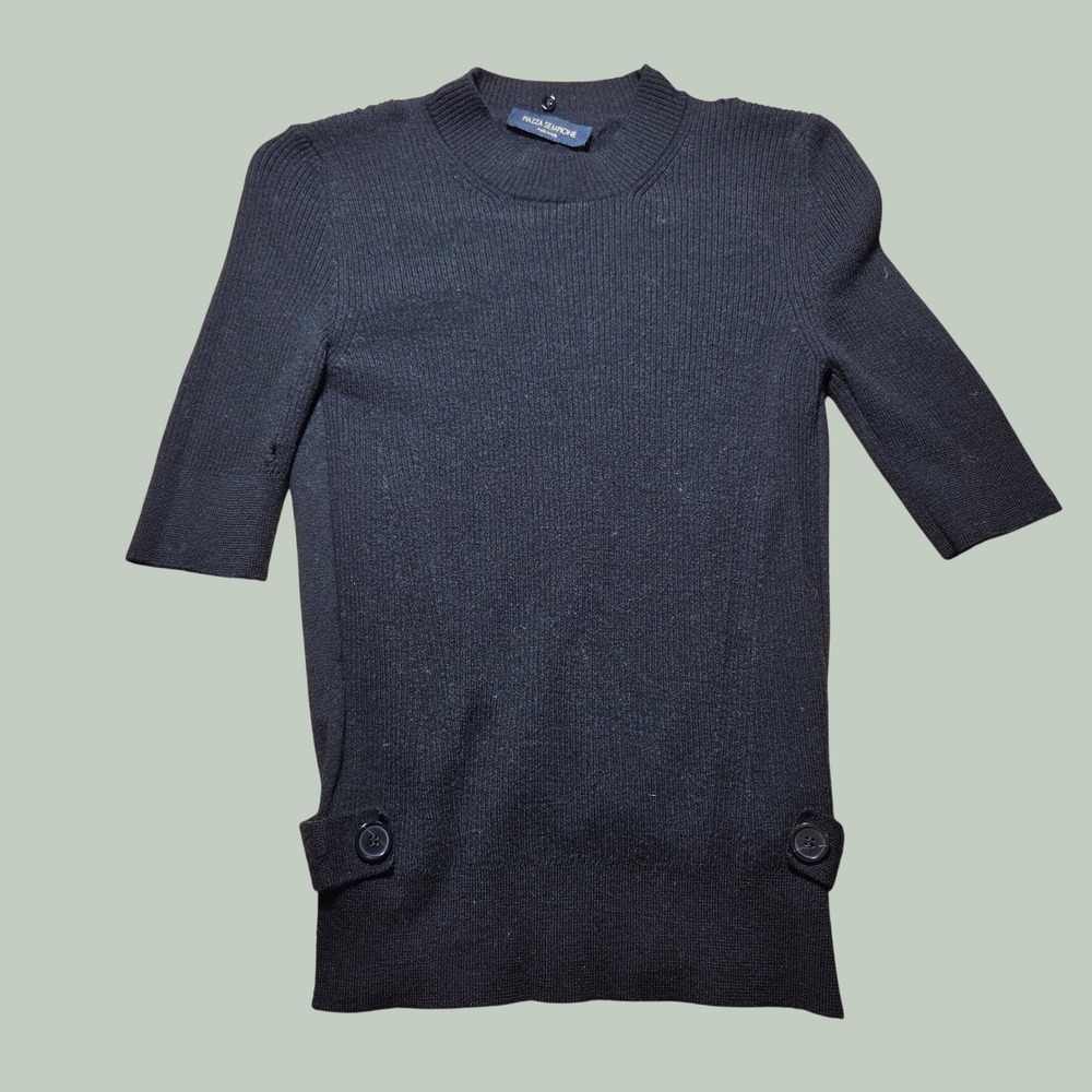 Piazza Sempione Black Knit Elbow Sleeve Top Made in Italy Ribbed Crew Neck